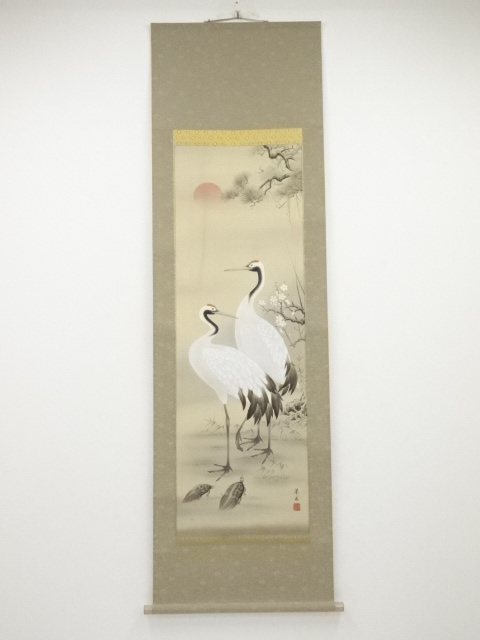 JAPANESE HANGING SCROLL / HAND PAINTED / CRANE & TURTLE